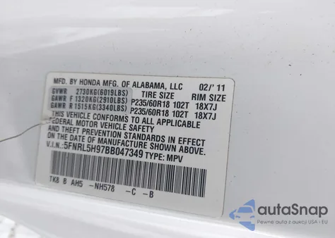 2011 Honda Odyssey Touring/Touring Elite z USA, uszkodzony, nr VIN 5FNRL5H97BB047349